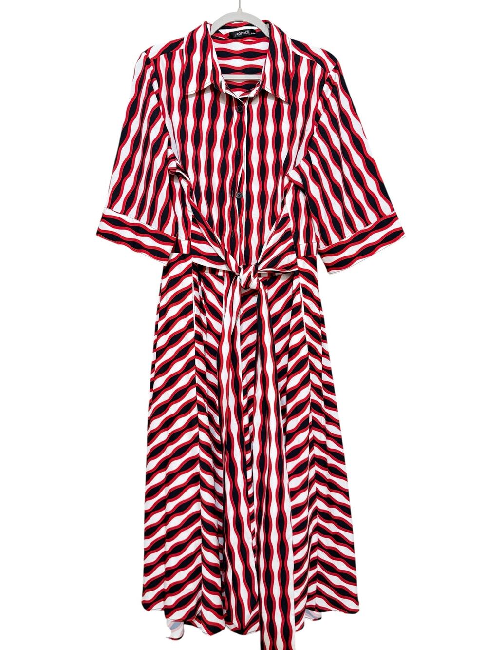 eShakti Red Black White Striped Chevron Midi Shirt Dress Tie Waist 2x plus
